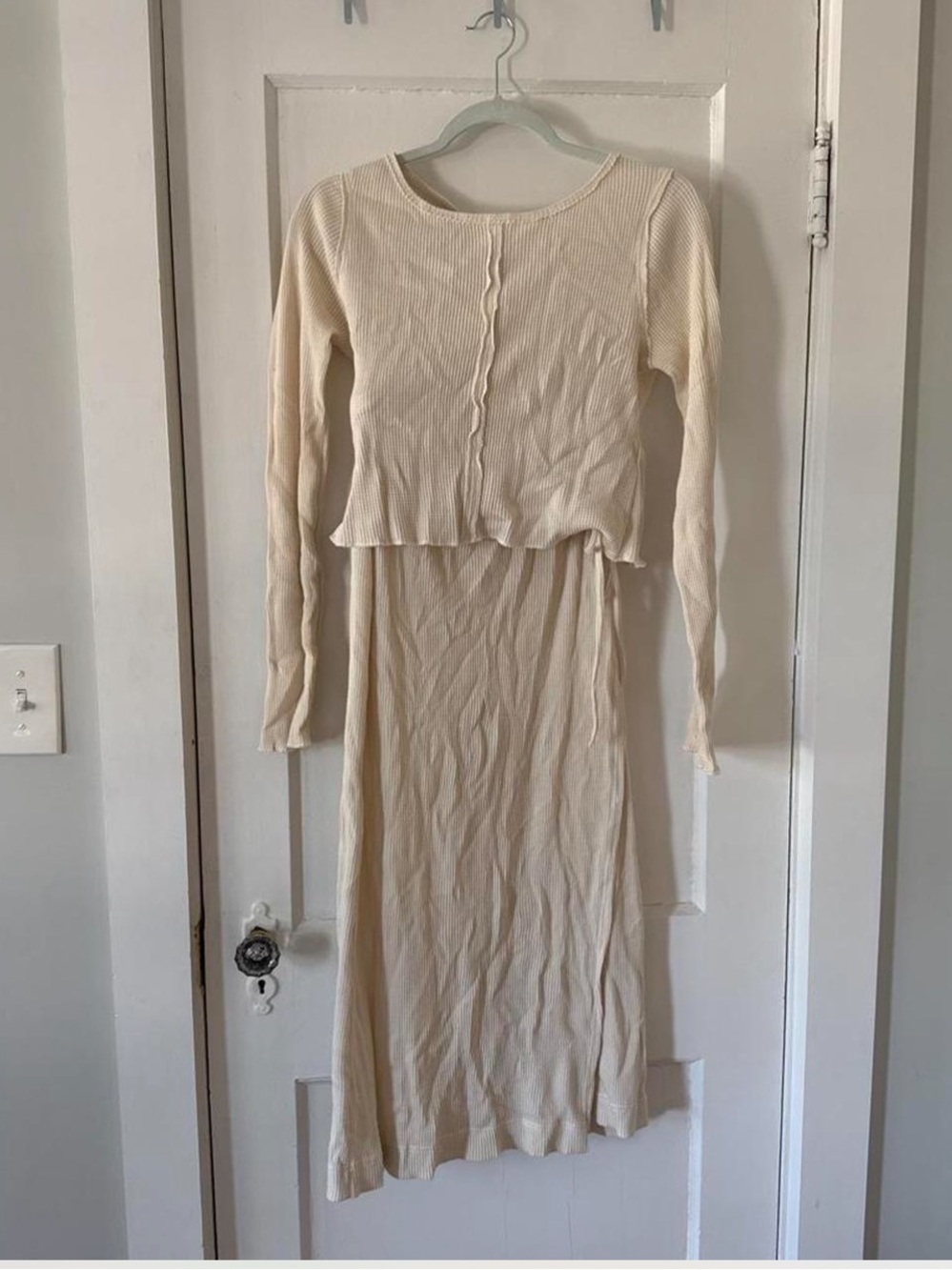 Free People Cream Ribbed Long Sleeve Midi Set Dress